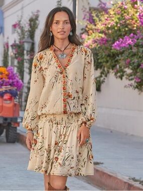 Sundance Floral Bloom Everyday Dress Cotton Embroidery Dropped Waist Size PM